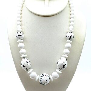 Splatter Paint Artsy Beaded Necklace, White Vintage Lucite Strand w Bold Black